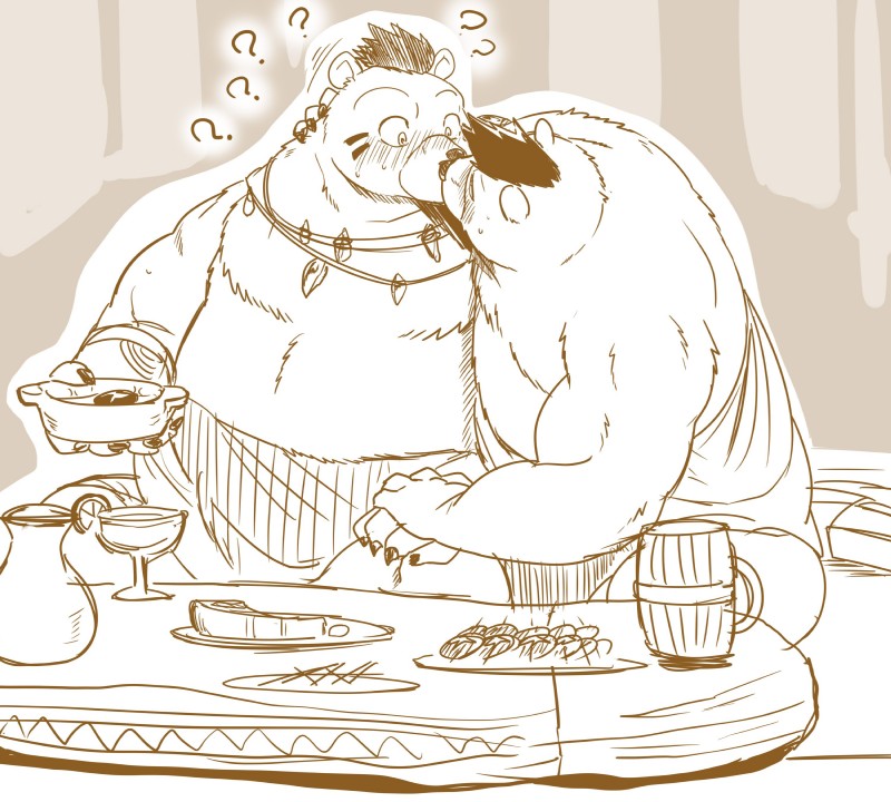 anthro belly blush duo humanoid_hands kissing male overweight overweight_male question_mark sitting moku_nameko sdorica dagger_(sdorica_sunset) furygrowl bear mammal 2019 absurd_res hi_res sketch