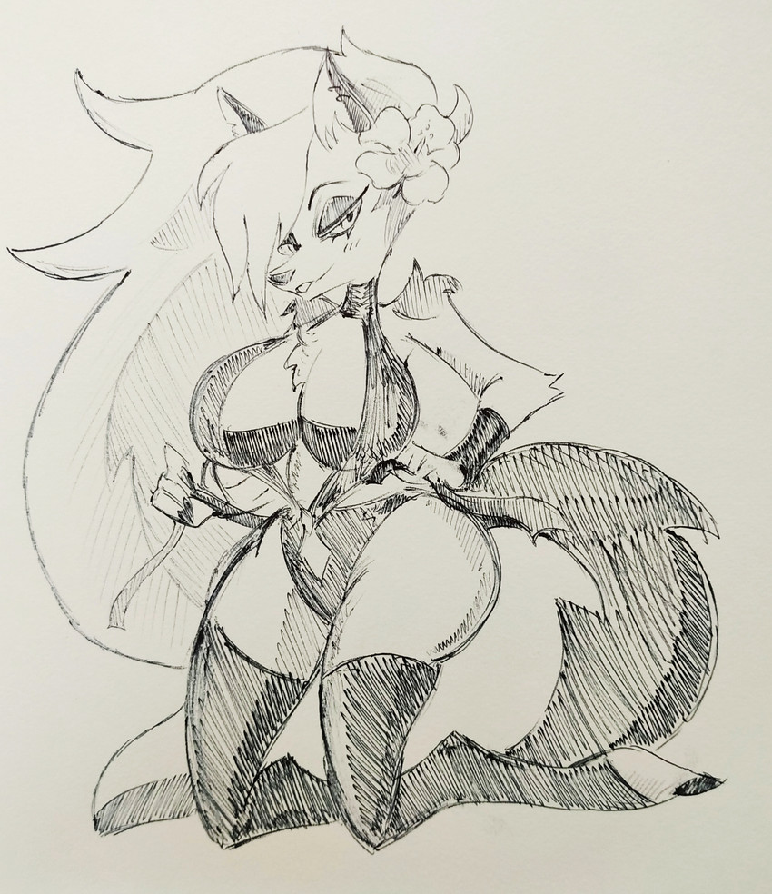 anthro bedroom_eyes big_breasts bottomwear breasts clothing female flower_on_head fur hair leggings legwear narrowed_eyes seductive solo swimwear thick_thighs topwear wide_hips pikapika212 hellaverse helluva_boss mythology loona_(helluva_boss) canid canid_demon canine demon hellhound mammal mythological_canine mythological_creature 2024 absurd_res hi_res monochrome sketch traditional_media_(artwork)