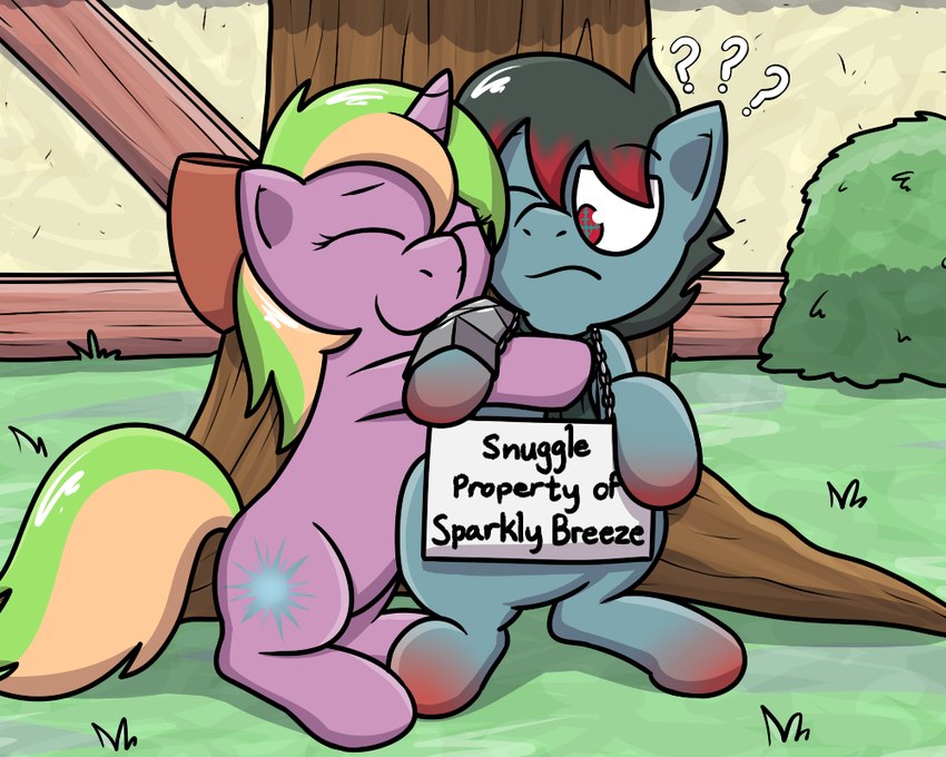 duo female hug male outside plant sitting snout snout_overhang tree pokefound hasbro my_little_pony fan_character equid equine horse mammal pony 5:4