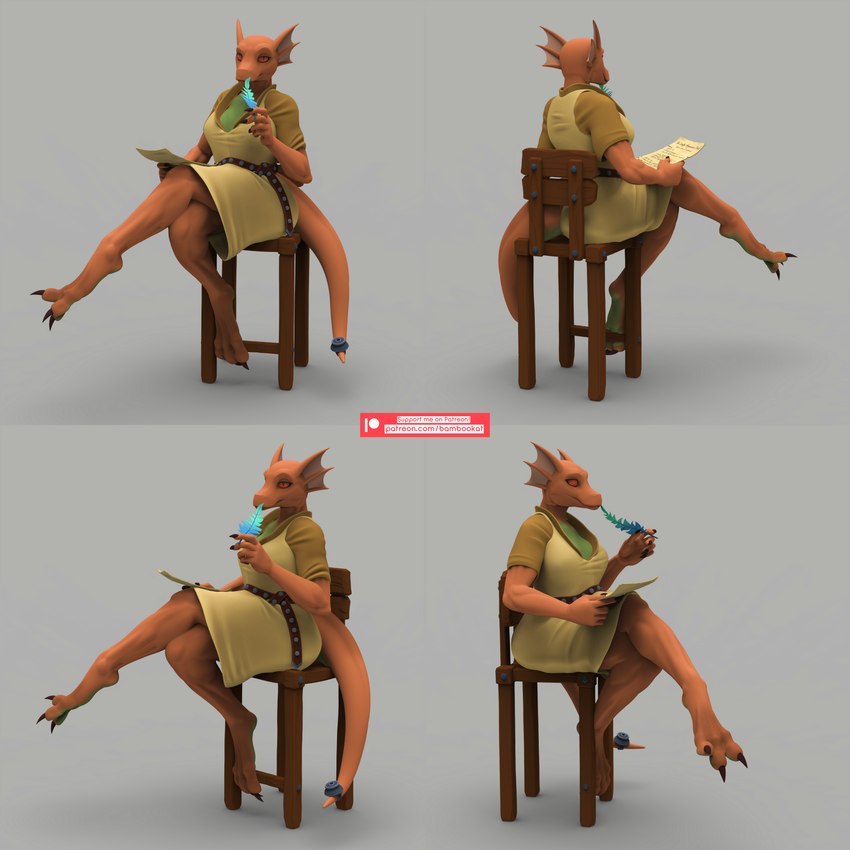 anthro breasts chair claws clothed clothing digitigrade exposure_variation feathers female fin furniture head_fin inkwell loose_feather non-mammal_breasts quill red_body red_eyes red_scales scales simple_background sitting solo bambookat bethesda_game_studios microsoft oblivion the_elder_scrolls quill-weave argonian scalie 1:1 3d_(artwork) absurd_res digital_media_(artwork) hi_res