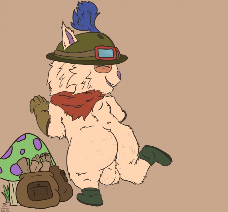 anthro backsack balls bodily_fluids boots butt clothing footwear fur genitals hat headgear headwear looking_at_viewer looking_back male mostly_nude open_mouth shoes simple_background smile solo sweat austrum league_of_legends riot_games tencent teemo_(lol) mammal yordle 2018 digital_media_(artwork) hi_res