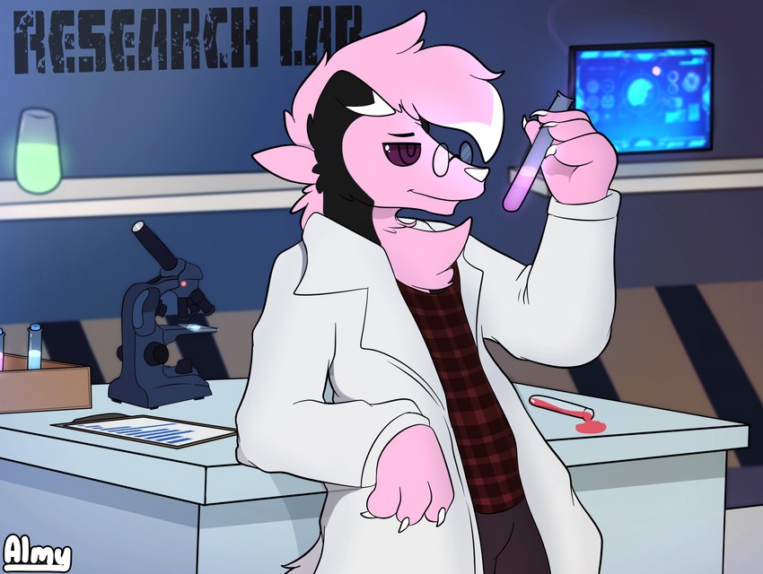 anthro eyewear flannel_shirt glasses laboratory_equipment laboratory_glassware male microscope relaxing scientific_instrument scientist screen smile solo test_tube almy nintendo pokemon tarroc_(original_character) canid canine generation_7_pokemon lycanroc mammal midnight_lycanroc pokemon_(species) absurd_res hi_res