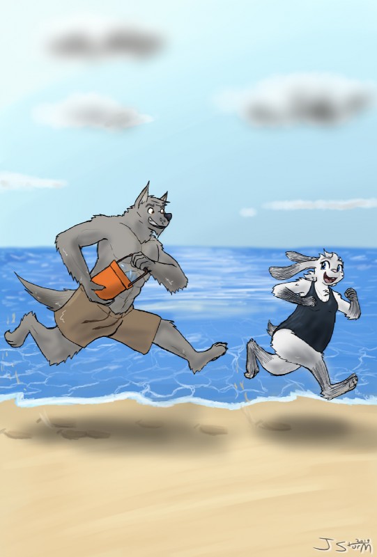 anthro beach breasts clothing duo female fur male open_mouth sea seaside small_breasts smile swimwear water white_body white_fur misfortunate-rai themuffinly difference_(webcomic) caine_(difference) ruby_(difference) canid canine canis lagomorph leporid mammal rabbit wolf 2019 digital_media_(artwork) hi_res