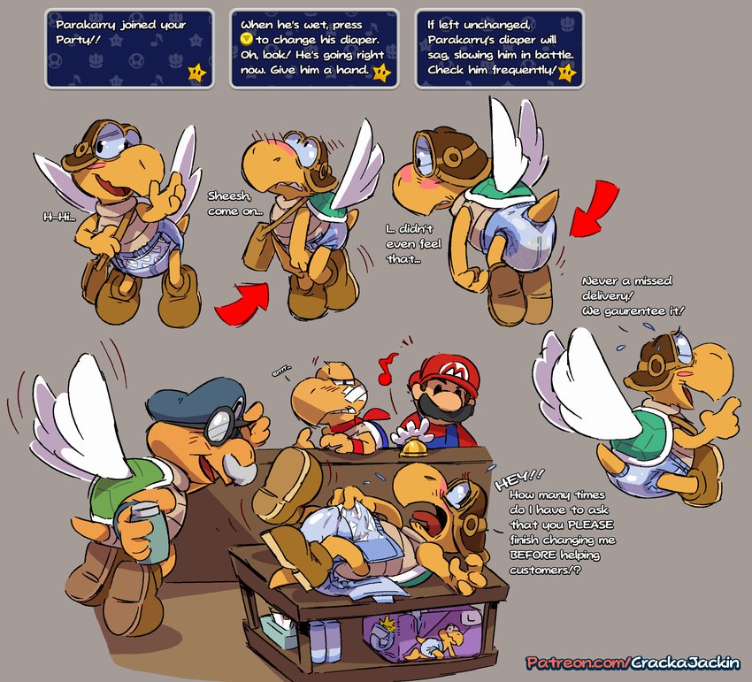 accident anthro aviator_cap aviator_goggles blush bodily_fluids bottomwear clothing dialogue diaper diaper_change embarrassed feces gameplay_mechanics genital_fluids group incontinence mailbag male public soiling solo talking_to_another talking_to_self text underwear urine wetting wings crackajackin mario_bros nintendo paper_mario kooper mario parakarry postmaster_(paper_mario) koopa koopa_paratroopa koopa_troopa reptile scalie turtle english_text hi_res watermark