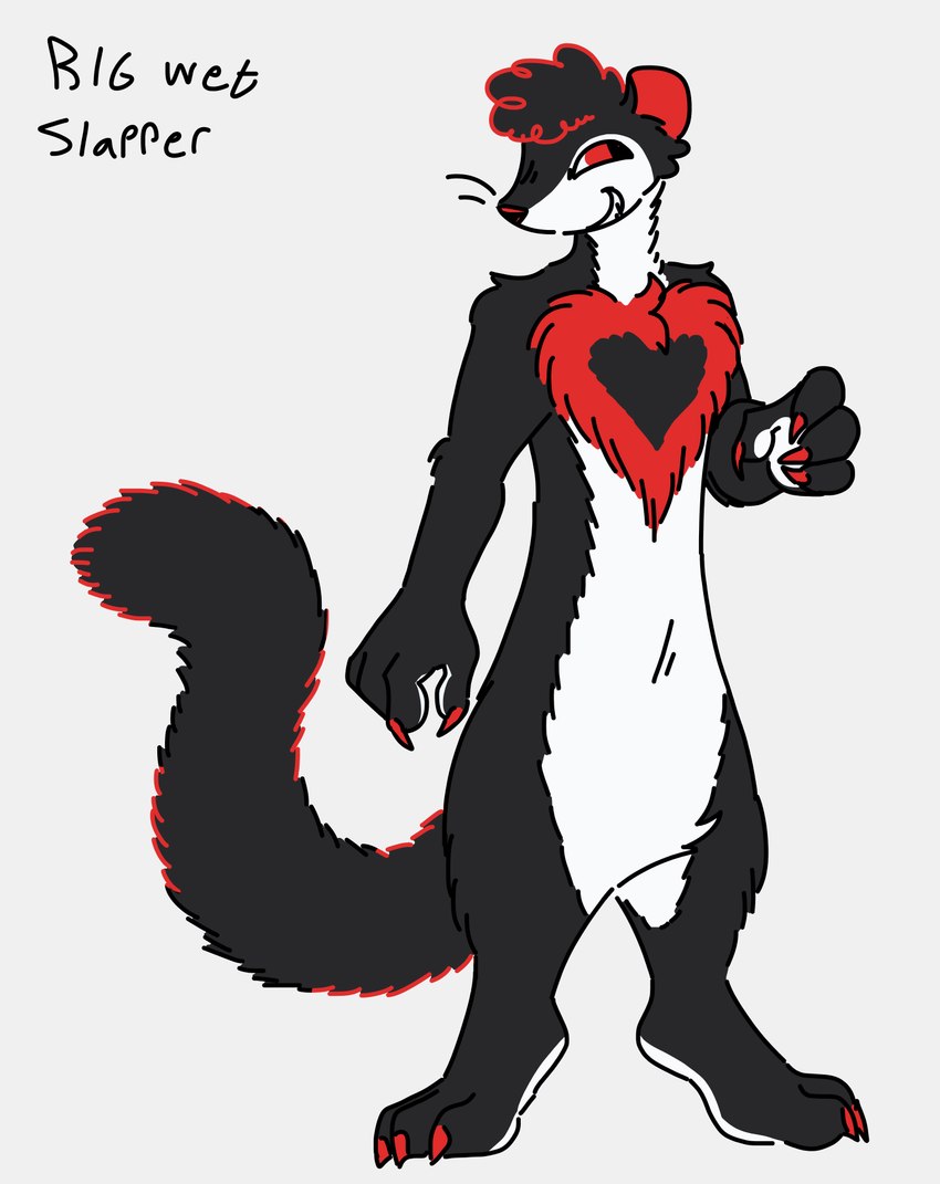 anthro chest_tuft claws curled_hair fluffy fluffy_tail hair heart_symbol male nude solo tail tuft whiskers bigwetslapper clown_(bigwetslapper) mammal mustelid musteline true_musteline weasel hi_res