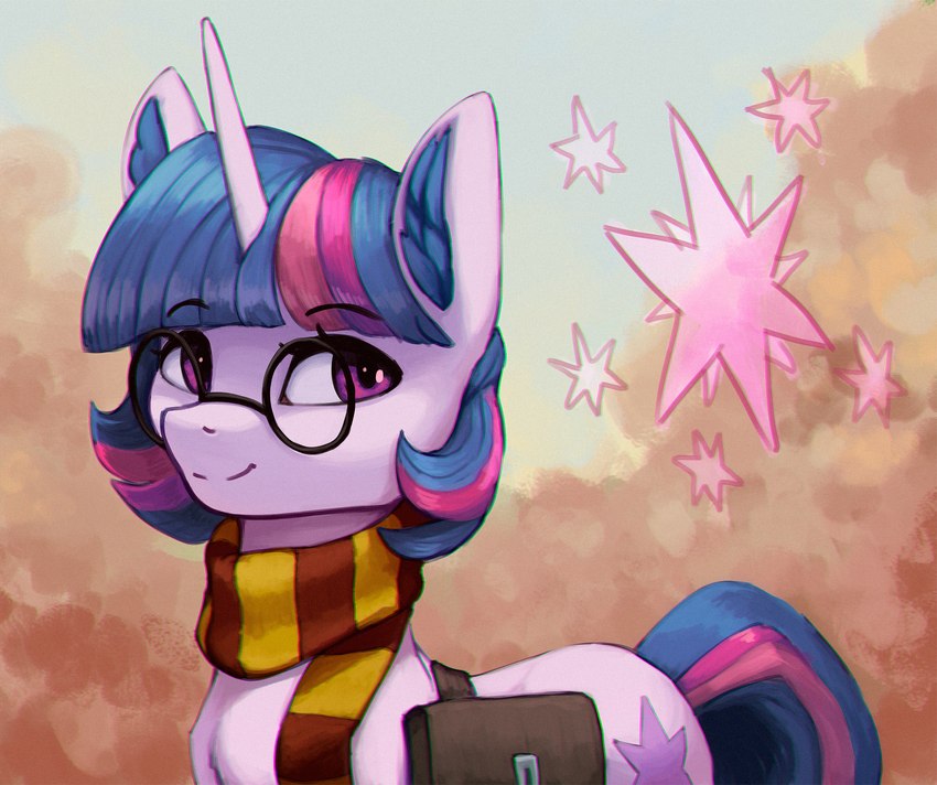 backpack blue_hair cutie_mark eyewear feral front_view glasses gryffindor hair horn male multicolored_hair purple_body purple_hair scarf side_view smile solo two_tone_hair mrscroup friendship_is_magic harry_potter_(series) hasbro my_little_pony mythology twilight_sparkle_(mlp) equid equine horse mammal mythological_creature mythological_equine pony unicorn hi_res