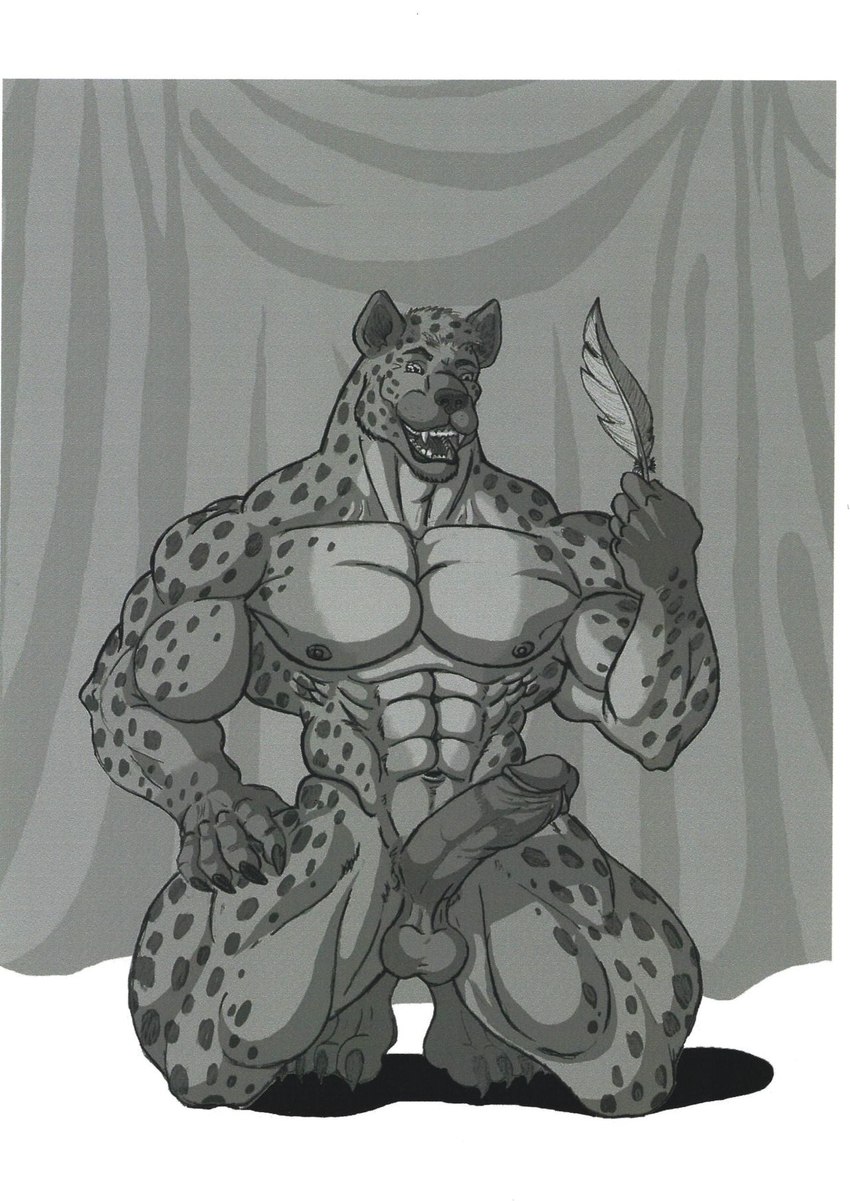 abs anthro balls big_muscles big_penis claws curtains feathers fur genitals humanoid_genitalia humanoid_penis kneeling male markings muscular muscular_male nude open_mouth pecs penis smile solo spots spotted_body spotted_fur teeth tongue sudonym hyena mammal spotted_hyena hi_res