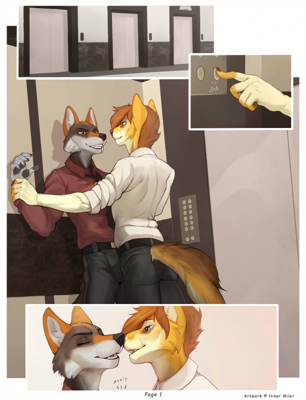 5_fingers anthro black_nose blue_eyes brown_hair clothed clothing detailed_background duo elevator fingers fur grey_body grey_fur hair imminent_kiss male male/male smile standing teeth text yellow_body yellow_fur hinar_miler ulaan vincent_(foxmcc) canid canine canis domestic_dog mammal wolf 2019 absurd_res comic digital_media_(artwork) english_text hi_res