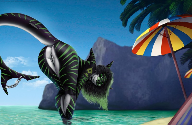 anthro beach bent_over black_hair butt cloud detailed_background eyewear female furgonomics furry-specific_piercing genital_piercing genitals glasses green_eyes hair looking_at_viewer nude outside partially_submerged piercing plant presenting presenting_hindquarters pussy pussy_piercing rock rocky_shore sand seaside sky smile solo stripes tail tail_piercing tree umbrella water paintchaser taree fish marine shark 2017