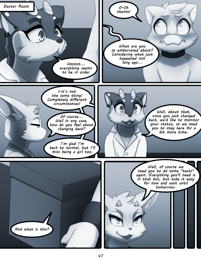 box container dialogue duo embarrassed eyebrows eyelashes fur horn smile text darkmirage nii_otter quetzalli_(darkmirage) vicious_kitty assimilative_feline felid feline mammal mustelid otter 2021 comic digital_media_(artwork) english_text hi_res