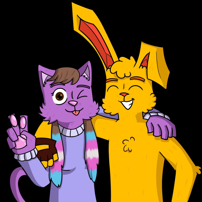 anthro blonde_hair brown_eyes brown_hair clothed clothing duo female fur gesture hair hand_gesture happy lgbt_pride looking_at_viewer male one_eye_closed pride_color_highlights pride_colors purple_body purple_fur shirt tongue topwear transgender_pride_colors v_sign whiskers wink winking_at_viewer yellow_body yellow_fur liminalbunny_(artist) cupcakecat_(character) liminal_(character) domestic_cat felid feline felis humanoid lagomorph leporid mammal rabbit 1:1 alpha_channel hi_res