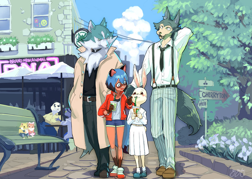 anthro beverage cheek_poke city clothed clothing cloud detailed_background female frown group male sign text momo16zosan beastars brand_new_animal studio_trigger gouhin_(beastars) haru_(beastars) legoshi_(beastars) marie_itami michiru_kagemori shirou_ogami bear canid canine canis domestic_rabbit dwarf_rabbit gerbil giant_panda lagomorph leporid mammal mink murid mustelid musteline netherland_dwarf_rabbit oryctolagus rabbit raccoon_dog rodent tanuki true_musteline wolf absurd_res crossover english_text hi_res