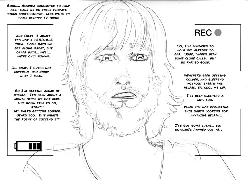 beard camera_view clothed clothing dialogue facial_hair hair looking_at_viewer male solo text arania the_cabin_in_the_woods_(arania) jack_(tcitw) human humanoid mammal absurd_res comic english_text hi_res monochrome