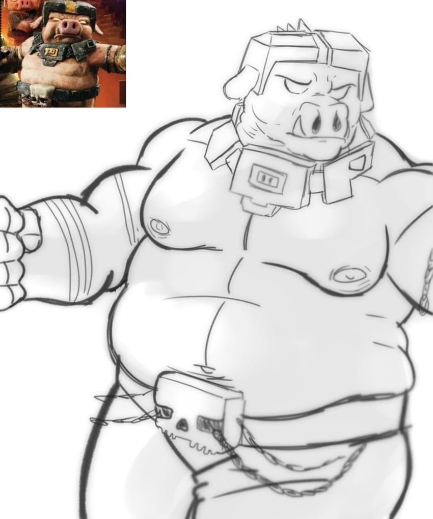 anthro armor belly chain clothing duo headgear helmet male muscular muscular_anthro muscular_male navel nipples overweight overweight_anthro overweight_male simple_background solo tusks toodshoods a_minecraft_movie microsoft minecraft mojang xbox_game_studios general_chungus domestic_pig mammal piglin suid suine sus_(pig) digital_media_(artwork) monochrome reference_image sketch