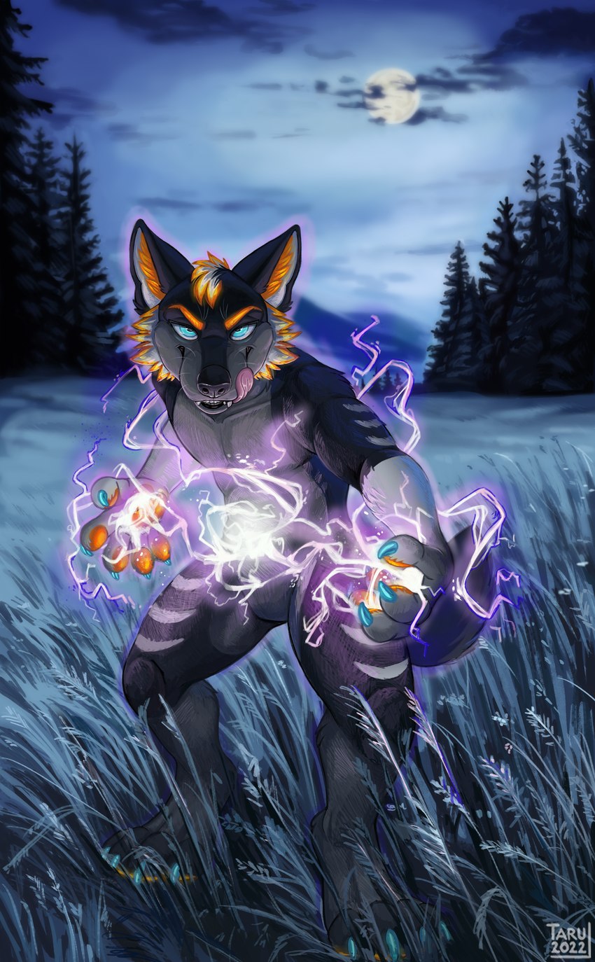 anthro aura bedroom_eyes belly black_body black_fur black_nose blue_claws blue_eyes claws cloud corona_discharge detailed_background detailed_fur digitigrade electric electricity electricity_ball eyebrows fantasy forest fur gloves_(marking) glowing glowing_body glowing_claws glowing_eyes glowing_fur glowing_pawpads glowing_silhouette grass grey_belly grey_body grey_fur hair licking looking_at_viewer magic male markings meadow mischievous mischievous_smile moon mountain multicolored_body multicolored_ears multicolored_fur multicolored_hair multicolored_tail muscular narrowed_eyes night orange_body orange_eyebrows orange_fur orange_pawpads pawpads plant purple_glow purple_spark seductive self_lick solo spread_legs spreading stripes supernatural tail teeth text tongue tongue_out tree whiskers white_body white_fur white_stripes tarumeow athoswolf1337 canid canine canis mammal wolf 2022 absurd_res detailed digital_drawing_(artwork) digital_media_(artwork) hi_res shaded url