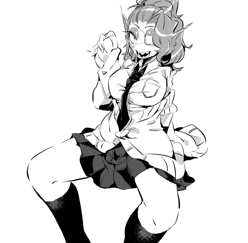 bottomwear breasts clothing ear_fins eye_patch eyebrows eyelashes eyewear female fin hair legwear monotone_background sharp_teeth shirt shirt_pocket sitting skirt solo stockings sweater teeth topwear nuba_ball undertale undertale_(series) undyne animal_humanoid fish fish_humanoid humanoid marine marine_humanoid monochrome