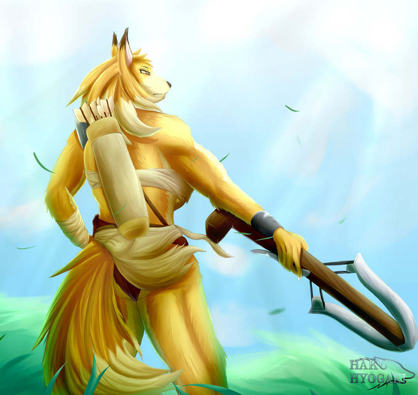 anthro arbalist arrow_(weapon) black_ears butt butt_pose clothed clothing crossbow dipstick_ears ear_markings female fur grass holding_crossbow holding_object holding_weapon multicolored_ears plant pose quiver_(object) ranged_weapon solo tail weapon wind yellow_body yellow_ears yellow_fur yellow_tail hakuhyogaki feda:_the_emblem_of_justice dora_systeel canid canine fox mammal hi_res