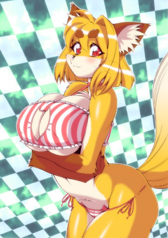 abstract_background anthro bandeau bandeau_bikini big_breasts bikini black_nose blonde_hair blush breast_rest breasts cat_ear_bikini cat_keyhole_clothing cat_swimwear cleavage cleavage_cutout clothed clothing curvy_figure cutout eyebrows eyelashes female frilly_bandeau fur gloves_(marking) hair keyhole_bikini keyhole_clothing keyhole_swimwear looking_at_viewer markings midriff nipple_outline pattern_clothing pattern_swimwear red_bandeau red_clothing red_eyes red_topwear side-tie_bikini side-tie_clothing side-tie_swimwear solo standing string_bikini striped_clothing striped_swimwear stripes swimwear topwear two-piece_swimsuit two_tone_bandeau voluptuous whiskers white_bandeau white_body white_clothing white_fur white_topwear wide_hips yellow_body yellow_fur amakuchi foxy-rena canid canine fox mammal hi_res