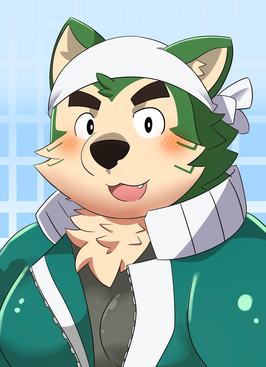 anthro blush eyebrows fur green_body green_fur kerchief looking_at_viewer male solo thick_eyebrows tukiguma761 lifewonders live_a_hero mokdai canid canine canis domestic_dog mammal bust_portrait hi_res portrait