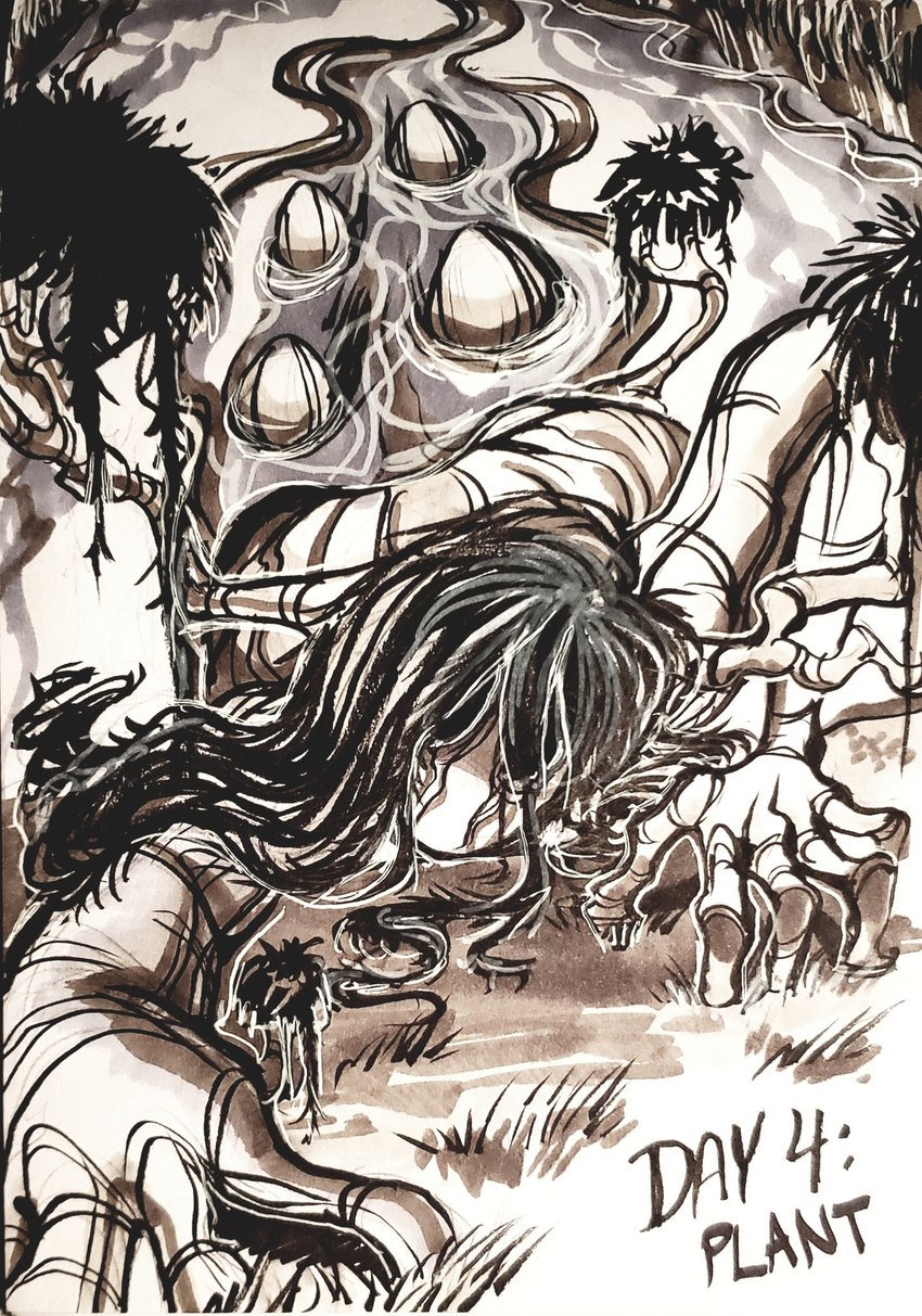 5_fingers branch crawling day_count empty_eyes facial_markings female female_humanoid fingers grass hair head_markings long_hair markings messy_hair mouthless noseless nude nude_female nude_humanoid partially_submerged plant solo swamp tear_(marking) text tree water toxicsoul77 inktober toontober elemental_creature elemental_humanoid flora_fauna humanoid plant_humanoid swamp_monster 2019 english_text greyscale hi_res monochrome pen_(artwork) traditional_media_(artwork)