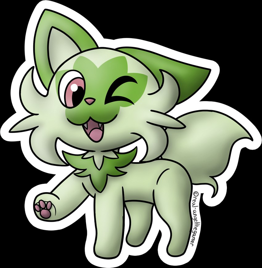 4_legs ambiguous_gender feral fur green_body green_ears green_fur green_hair hair looking_at_viewer one_eye_closed open_mouth open_smile pawpads paws pink_pawpads quadruped raised_paw red_eyes red_nose smile solo teeth teeth_showing tongue wink winking_at_viewer angelthegamer nintendo pokemon generation_9_pokemon pokemon_(species) sprigatito 2022 alpha_channel hi_res shaded