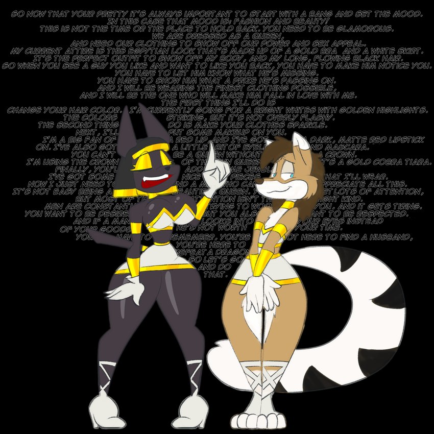 anthro clothed clothing crossdressing dialogue duo egyptian egyptian_clothing female male midriff simple_background text transparent_background wall_of_text toonvasion ankhmara kendall_(sirkain) anubian_jackal bassariscus canid canine canis jackal mammal procyonid ring-tailed_cat 1:1 2024 alpha_channel digital_media_(artwork) english_text hi_res