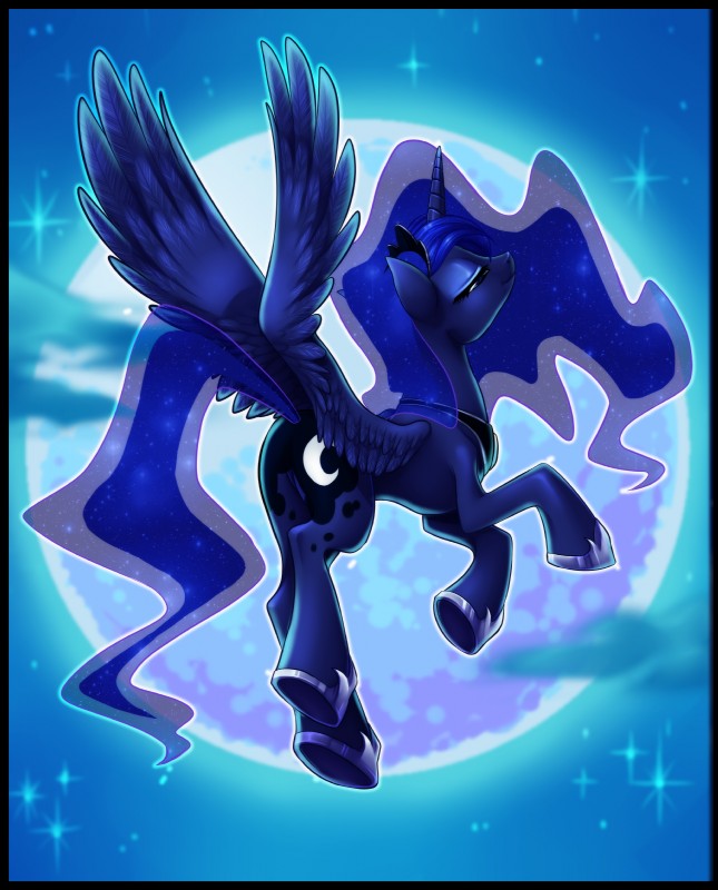 black_border blue_body blue_feathers border feathered_wings feathers female feral hair horn moon smile solo wings centchi friendship_is_magic hasbro my_little_pony mythology princess_luna_(mlp) equid equine mammal mythological_creature mythological_equine winged_unicorn absurd_res hi_res