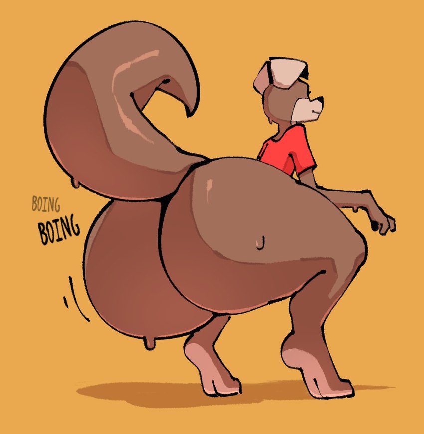 anthro big_butt bodily_fluids bottomless brown_body butt clothed clothing crouching huge_butt male onomatopoeia shirt solo sound_effects sweat text thick_thighs topwear komdog kom_(komdog) canid canine canis domestic_dog mammal 2024 english_text