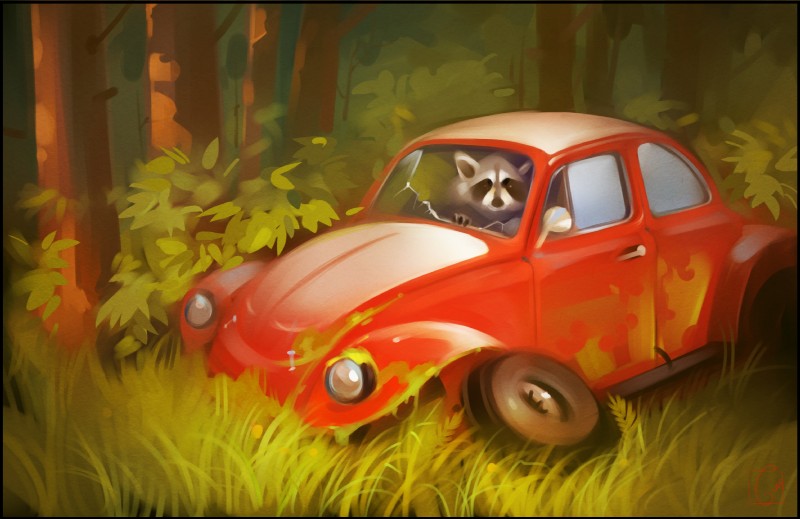 ambiguous_gender black_body black_fur car detailed_background feral forest fur grass grey_body grey_fur inside_car inside_vehicle looking_at_viewer moss plant shrub solo tree vehicle white_body white_fur gaudibuendia volkswagen volkswagen_beetle mammal procyonid raccoon 2016 hi_res