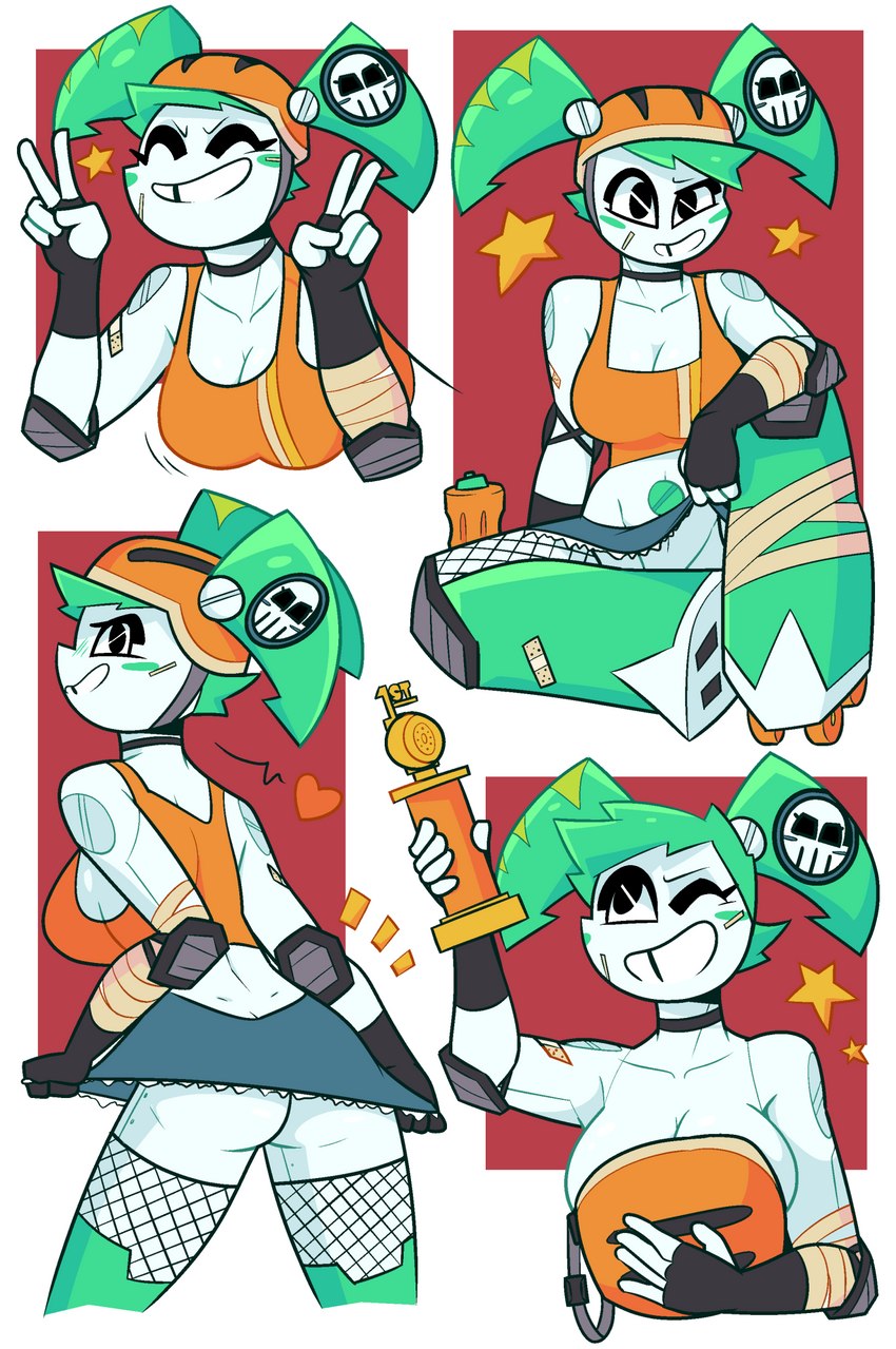 5_fingers armor award bandage big_breasts bottomwear breasts butt cleavage clothed clothing convenient_censorship eyes_closed female fingers fishnet_clothing fishnet_legwear gesture grin hand_gesture headgear heart_symbol helmet legwear looking_at_viewer looking_back machine multiple_poses no_underwear not_furry one_eye_closed pose skater skirt smile solo teasing trophy v_sign dabbledraws my_life_as_a_teenage_robot nickelodeon jenny_wakeman android robot 2018 hi_res