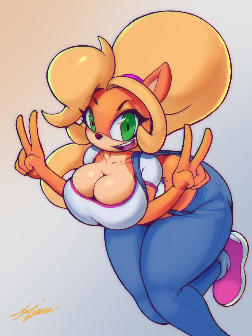 5_fingers anthro big_breasts blonde_hair breasts butt butt_cleavage cleavage clothed clothing female fingers gesture green_eyes hair hand_gesture looking_at_viewer overalls smile solo thick_thighs v_sign wide_hips zframe activision crash_bandicoot_(series) coco_bandicoot bandicoot mammal marsupial 2022 3:4 hi_res signature