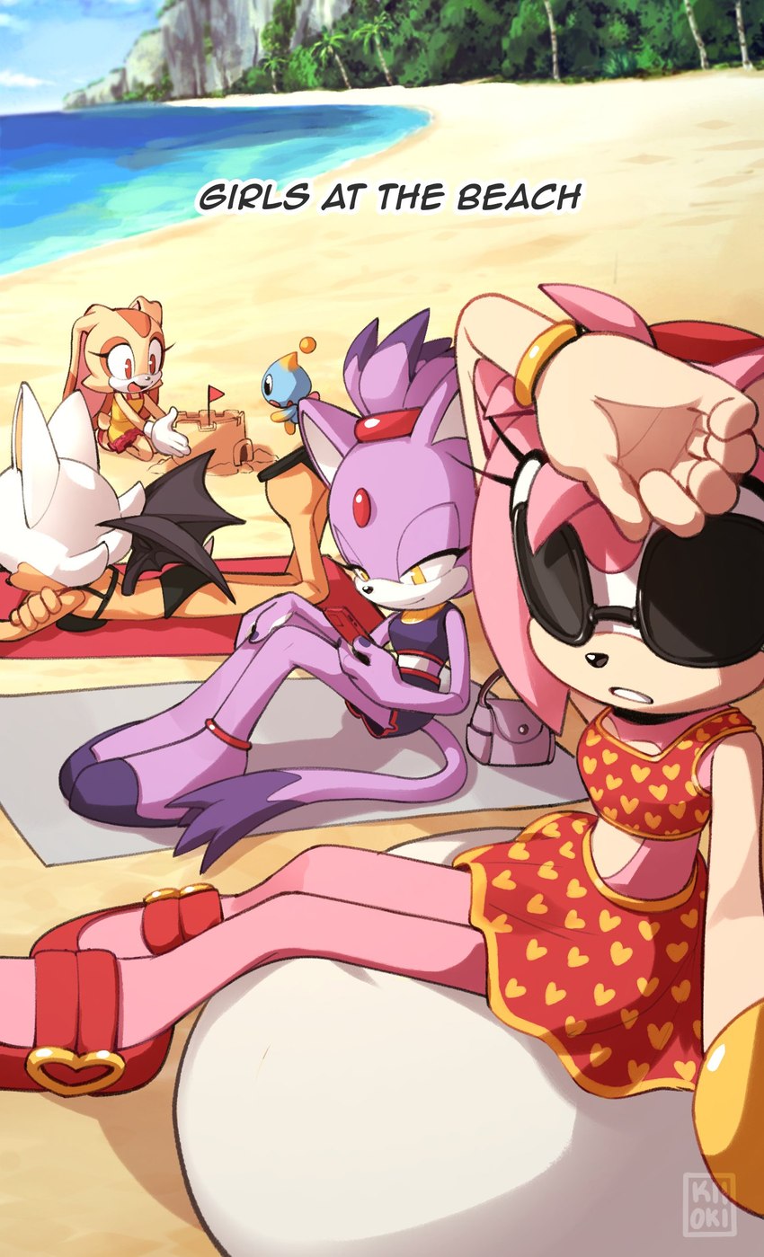 anthro beach bikini bikini_bralette breasts clothing day electronics eyelashes eyewear female fur group midriff outside phone purple_body purple_fur purse sand sand_castle sculpture sea sitting sky sunglasses swimwear tail text two-piece_swimsuit water kiikoi11 sega sonic_adventure sonic_the_hedgehog_(series) amy_rose blaze_the_cat chaos_(sonic) cream_the_rabbit rouge_the_bat bat domestic_cat eulipotyphlan felid feline felis hedgehog lagomorph leporid mammal rabbit english_text hi_res