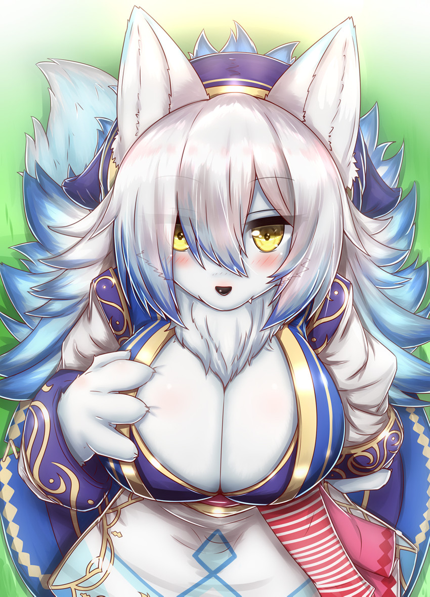 4_fingers anthro big_breasts black_nose blue_body blue_fur blue_hair blush breasts chest_tuft claws cleavage clothed clothing cute_fangs fangs female female_anthro fingers fur gradient_background hair hair_over_eye headgear headwear high-angle_view huge_breasts kemono long_hair looking_at_viewer multicolored_body multicolored_clothing multicolored_fur multicolored_hair one_eye_obstructed simple_background solo tail teeth translucent translucent_hair tuft white_body white_fur white_hair yellow_eyes horokusa0519 cyberconnect2 drecom full_bokko_heroes asena_(full_bokko_heroes) canid canine fox mammal 2019 digital_media_(artwork) half-length_portrait hi_res portrait