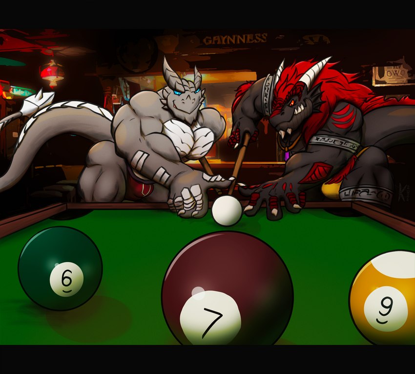 6_ball 7_ball 9_ball anthro ball bar big_muscles billiard_ball billiard_table billiards black_body blade bulge clothing cue_ball cue_stick cuesports detailed_background duo furniture gaming grey_body hair horn inside jockstrap long_tail male muscular muscular_anthro muscular_male pub red_hair table tail underwear kardukk masterelrest bladerush_(copyright) mythology bladerush_(character) kardukk_(character) dragon kobold mythological_creature mythological_scalie scalie hi_res