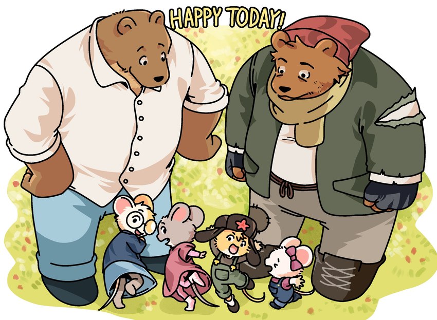 anthro black_nose bottomwear brown_body clothing group hat headgear headwear kemono male pants scarf shirt size_difference topwear ham_won_art ernest_and_celestine bolero_(ernest_and_celestine) celestine_(ernest_and_celestine) ernest_(ernest_and_celestine) bear mammal mouse murid murine rodent 2025 character_request hi_res