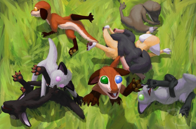 4_fingers 4_toes ambiguous_gender bent_arm bent_leg bite biting_another black_body black_fur blue_eyes brown_body brown_fur calves_up claws curved_tail digitigrade extended_legs eyes_closed feet feral fingers fur grass green_eyes grey_body grey_fur group hand_on_arm hand_on_own_arm hands_on_legs hands_on_own_legs heterochromia holding_arm holding_both_legs holding_legs_up leg_bite legs_up lidded_eyes looking_at_viewer lying nude on_back on_front on_grass on_ground on_side on_top on_top_of one_tooth open_mouth orange_body orange_eyes orange_fur outside pawpads paws pink_eyes plant quadruped raised_calf raised_leg sitting snout spread_legs spreading tail teeth toe_claws toes what yellow_body yellow_fur young young_feral caedere out-of-placers mammal yinglet eyelids digital_media_(artwork)