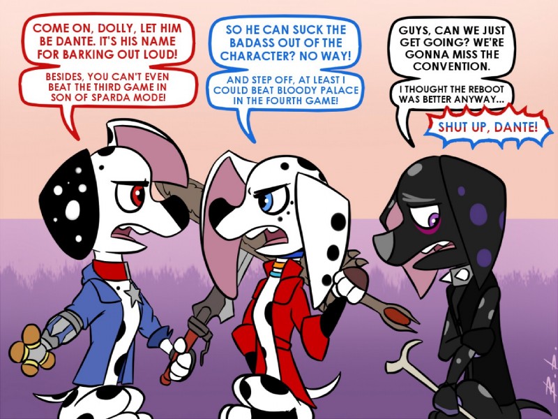 blue_eyes collar cosplay dialogue female group male melee_weapon purple_eyes red_eyes speech_bubble sword text weapon bassybefuddle conditional_dnp 101_dalmatian_street 101_dalmatians capcom devil_may_cry devil_may_cry_5 disney dante_(101_dalmatians) dante_(dmc) dolly_(101_dalmatians) dylan_(101_dalmatians) nero_(devil_may_cry) v_(devil_may_cry) canid canine canis dalmatian domestic_dog mammal 2019 4:3 digital_media_(artwork) english_text brother_(lore) brother_and_sister_(lore) sibling_(lore) sister_(lore)