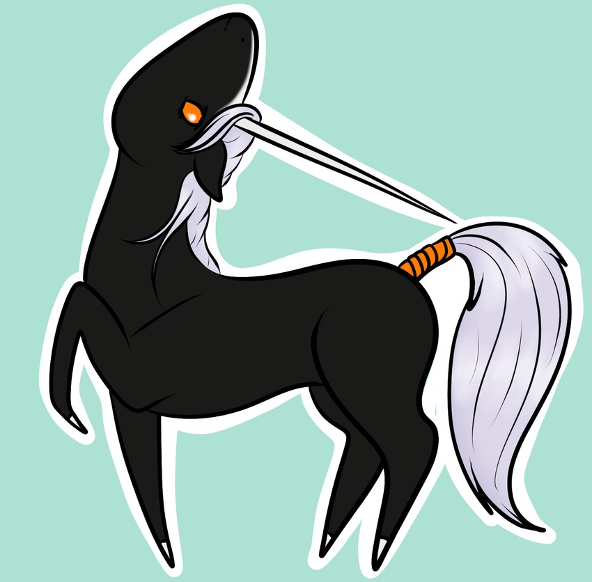 ambiguous_gender black_body chibi facial_markings feral hair head_markings horn mane markings orange_eyes raised_leg raised_tail simple_background solo tail tail_wraps white_hair white_horn white_mane white_tail wraps gayletrotter mythology alisian equid equine mammal mythological_creature mythological_equine unicorn 2023 digital_media_(artwork) hi_res female_(lore)