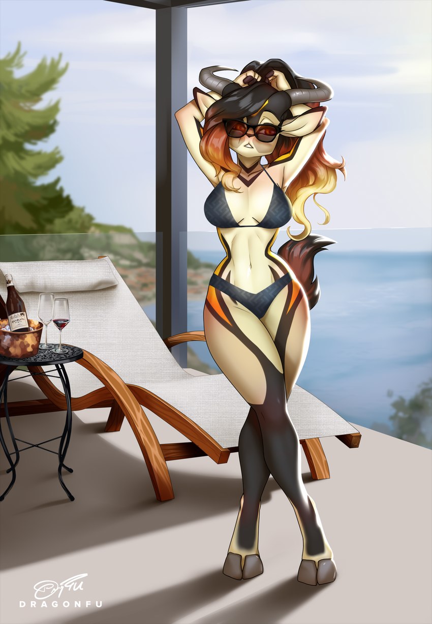 anthro bikini breasts clothing cloven_hooves eyewear female gradient_hair hair hooves horn long_hair navel outside solo standing sunglasses swimwear tail two-piece_swimsuit dragonfu zahra_(airheart) antelope bovid gazelle mammal 2023 digital_media_(artwork) hi_res