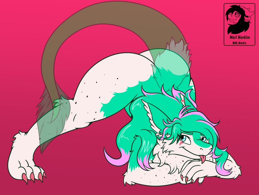 anthro ass_up big_butt butt dots female fur green_body green_fur green_hair hair jack-o'_pose piercing pink_hair pose solo tail thick_thighs tongue tuft nanks_(artist) vaptvulpe mel_lancia hybrid sergal 4:3 hi_res