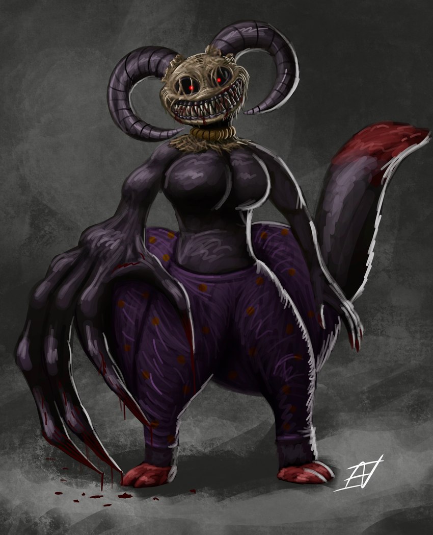 big_breasts big_butt big_hands black_horn black_sclera black_tail blood blood_on_hand blood_on_teeth bodily_fluids bottomwear breasts butt claws clothing creepy dipstick_tail dripping_blood female front_view grey_background horn huge_butt huge_hands hyper hyper_butt hyper_hands leggings legwear markings not_furry polka_dot_bottomwear polka_dot_clothing purple_bottomwear purple_clothing purple_leggings purple_legwear red_eyes red_tail_tip scary sharp_teeth simple_background smile smiling_at_viewer solo tail tail_markings teeth text ian-exe mave_(reathe) demon humanoid 2024 absurd_res colored dark_theme digital_media_(artwork) digital_painting_(artwork) english_text hi_res shaded signature