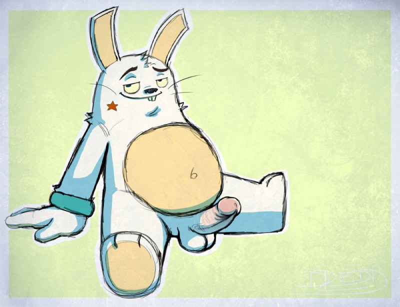 balls blue_eyes bracelet erection fur genitals grin humanoid_genitalia humanoid_penis jewelry looking_at_viewer male penis sitting slightly_chubby smile solo star whiskers white_body white_fur dredd disney rekkit_rabbit rekkit_rabbit_(character) lagomorph leporid mammal rabbit