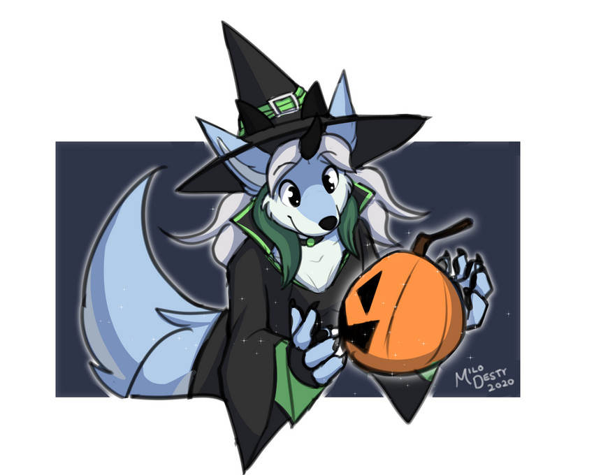 anthro biped black_eyes black_nose clothed clothing female food fruit hat headgear headwear holidays horn jack-o'-lantern plant pumpkin smile solo witch_hat milodesty halloween muscari canid canine canis mammal wolf 2020 5:4 hi_res