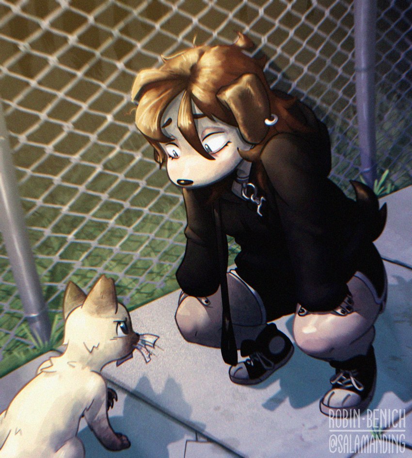 ambiguous_gender anthro biped black_bottomwear black_clothing black_hoodie black_shorts black_topwear bottomwear brown_hair chain-link_fence clothed clothed_anthro clothing crouching detailed_background duo ear_piercing ear_ring eyelashes fence feral footwear fur hair holding_in_mouth hoodie leash light looking_at_another looking_down_at_another looking_up_at_another nude nude_feral piercing quadruped ring_piercing shadow shoes shorts sidewalk topwear salamanding joan_(salamanding) canid canine canis domestic_cat domestic_dog felid feline felis mammal 2024 artist_name digital_drawing_(artwork) digital_media_(artwork) english_description hi_res lighting female_(lore)