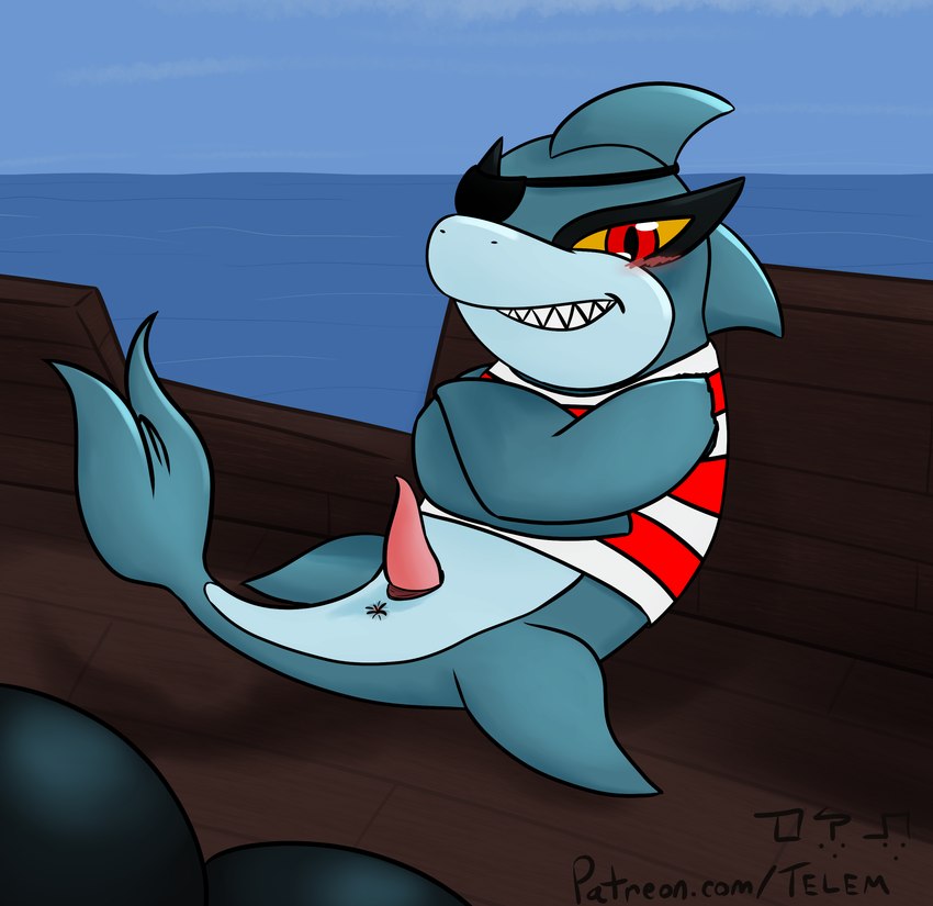 anthro anus blush cannonball clothing crossed_arms eye_patch eyewear fin genitals looking_at_viewer male penis pirate red_eyes shark_teeth ship shirt smile solo tapering_penis topwear vehicle watercraft telem neopets fish jetsam_(neopets) marine neopet_(species) shark absurd_res hi_res