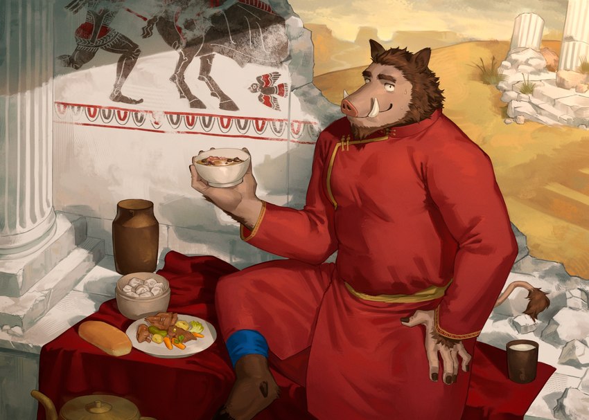 anthro beard facial_hair food looking_at_viewer male mongolian_clothing musclegut muscular ruins sitting solo tusks nyaalgebra minotaur_hotel khenbish_(minotaur_hotel) mammal suid suina sus_(pig) wild_boar absurd_res hi_res