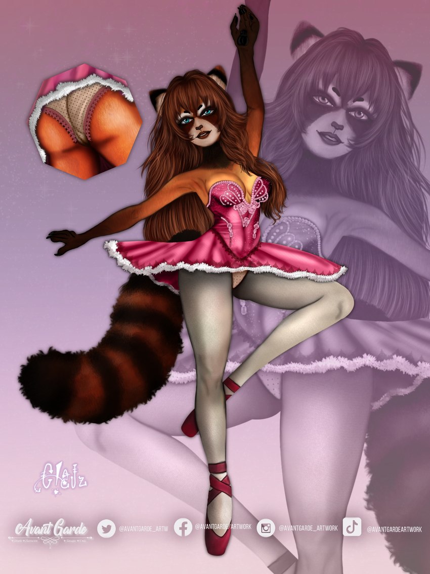 anthro arm_out ballerina ballet blue_eyes bottomwear clothed clothing dance_shoes dancewear en_pointe female footwear hair honey_brown_hair long_hair on_one_leg one_leg_up panties panty_shot pointe_shoes pose raised_arm raised_leg shoes skirt smile solo standing tail tutu underwear upskirt klauzzart ailurid animal_humanoid humanoid mammal red_panda absurd_res hi_res
