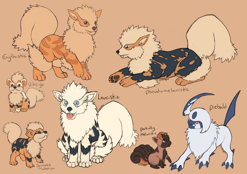 4_toes 6_tails :3 ambiguous_gender black_striped_fur blep blue_claws blue_eyes brown_eyes brown_nose brown_pawpads claws erythristic eye_contact feet feral fur grey_eyes group leucistic looking_at_another mane melanistic mottled multi_tail open_mouth orange_background orange_body orange_fur pawpads paws piebald pseudomelanistic raised_paw red_eyes sharp_teeth simple_background sitting smile spurs_(anatomy) tail teeth text toes tongue tongue_out vitiligo white_body white_fur white_mane white_tail young young_feral luvianblue nintendo pokemon absol arcanine canid canine generation_1_pokemon generation_3_pokemon growlithe mammal pokemon_(species) vulpix english_text hi_res signature