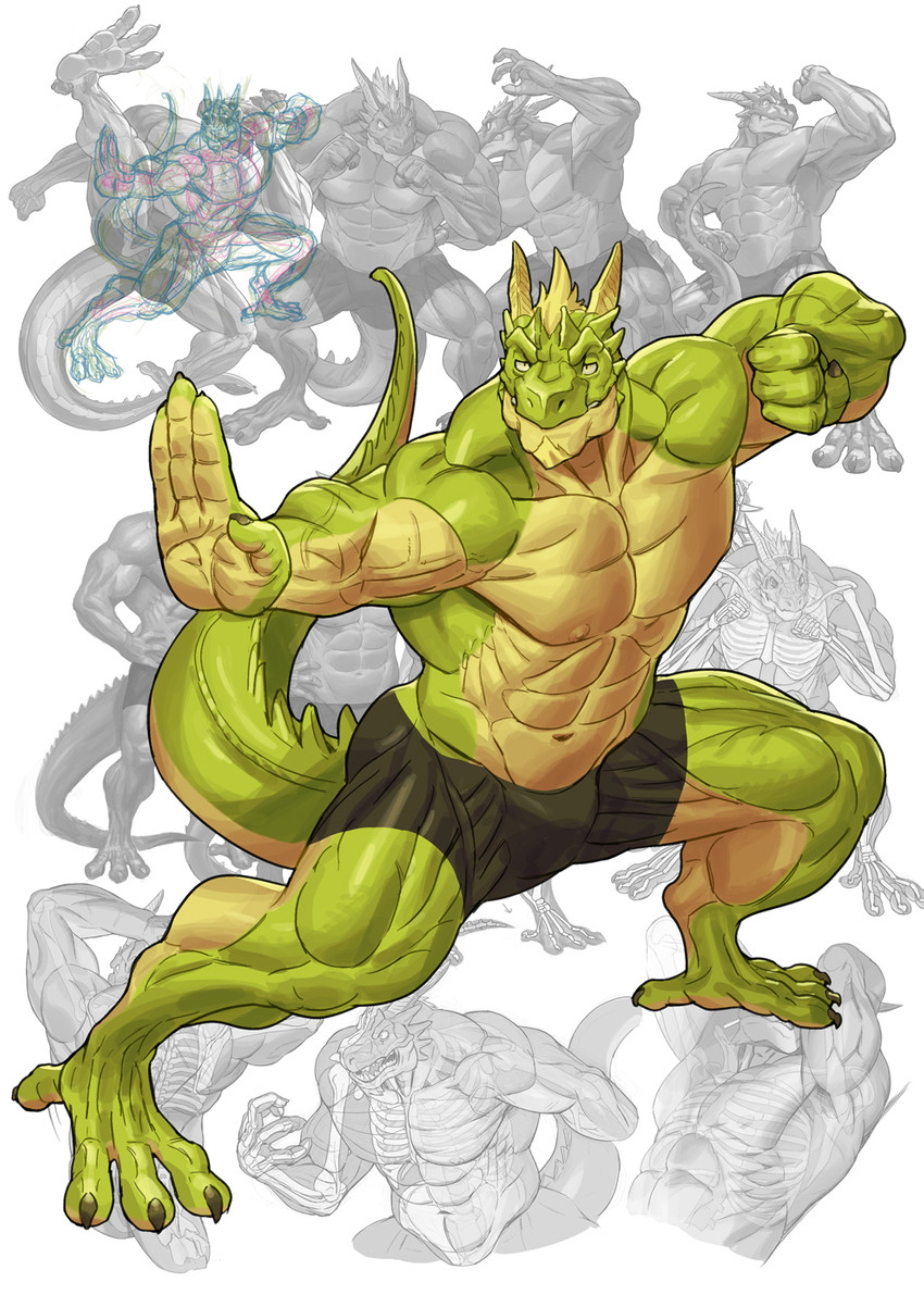 4_fingers 4_toes abs anisodactyl anthro black_bottomwear black_claws black_clothing black_shorts bottomwear claws clothed clothing countershade_torso countershading feet fingers green_body humanoid_hands male muscular muscular_anthro muscular_arms muscular_male shorts solo tail toes topless topless_male vein veiny_muscles ymskk european_mythology mythology dragon mythological_creature mythological_scalie scalie western_dragon hi_res