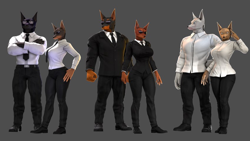 5_fingers anthro black_body black_fur black_nose bottomwear breasts brown_body brown_fur clothed clothed_anthro clothed_female clothed_male clothing collared_shirt crossed_arms dress_shirt eyewear female fingers footwear fur glasses group humanoid_hands male necktie pants shirt shoes standing suit sunglasses tan_body tan_fur topwear white_body white_fur petruz petruz_(modeler) dobermann_(petruz) canid canine canis dobermann domestic_dog mammal pinscher 16:9 2024 3d_(artwork) digital_media_(artwork) hi_res source_filmmaker_(artwork) widescreen